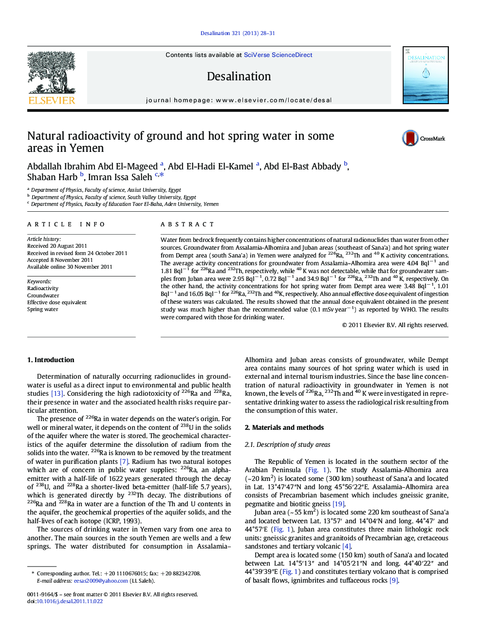Natural radioactivity of ground and hot spring water in some areas in Yemen