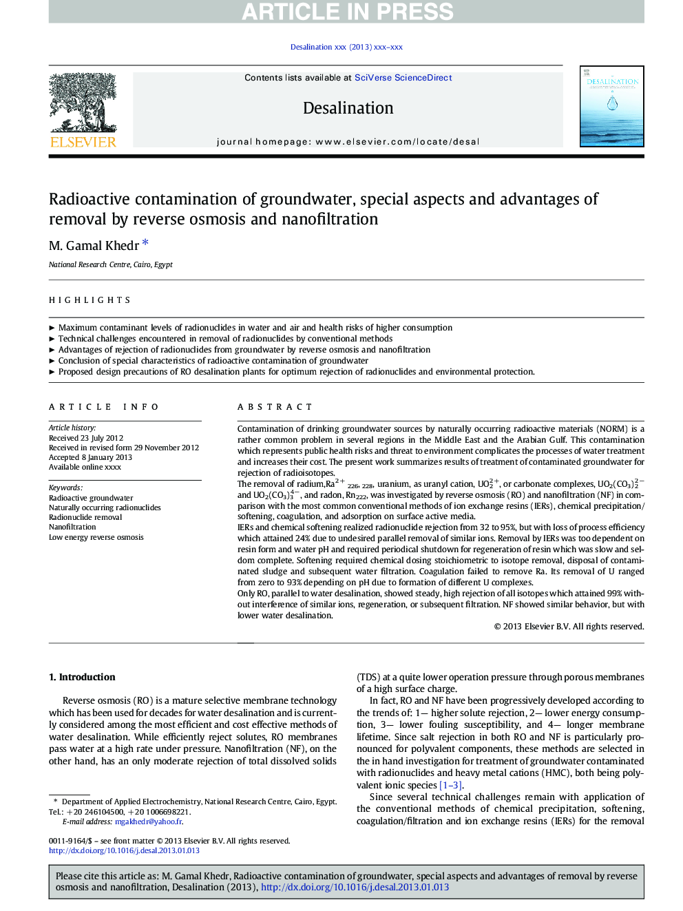 Radioactive contamination of groundwater, special aspects and advantages of removal by reverse osmosis and nanofiltration