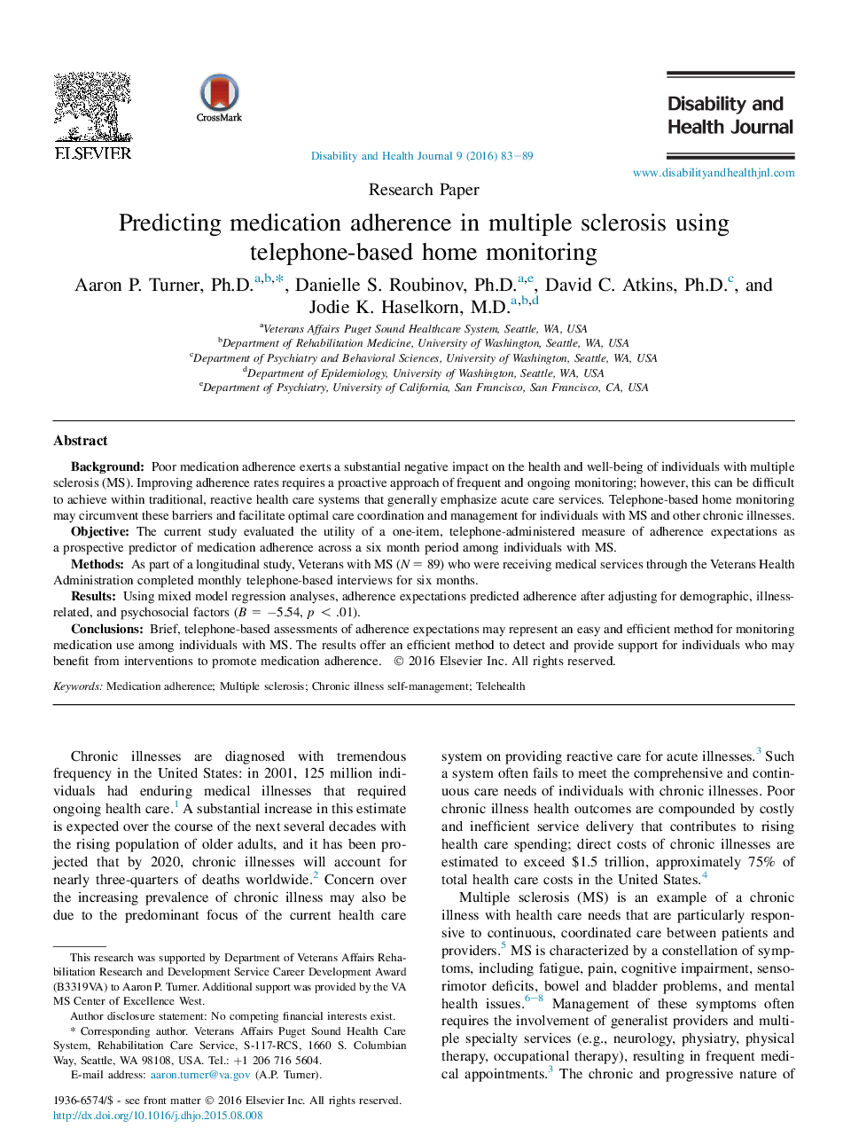 Predicting medication adherence in multiple sclerosis using telephone-based home monitoring