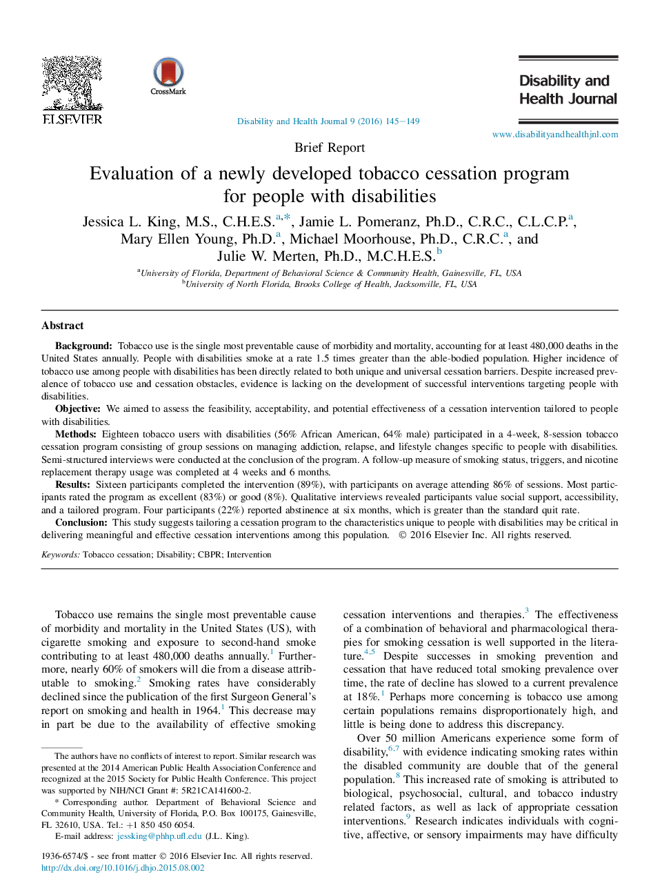 Evaluation of a newly developed tobacco cessation program for people with disabilities