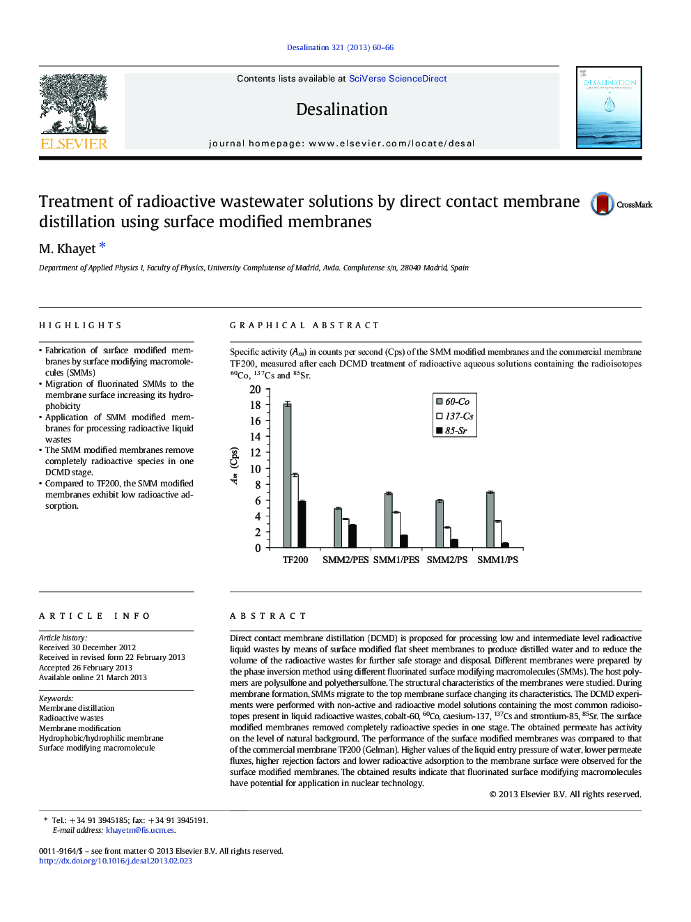 Treatment of radioactive wastewater solutions by direct contact membrane distillation using surface modified membranes