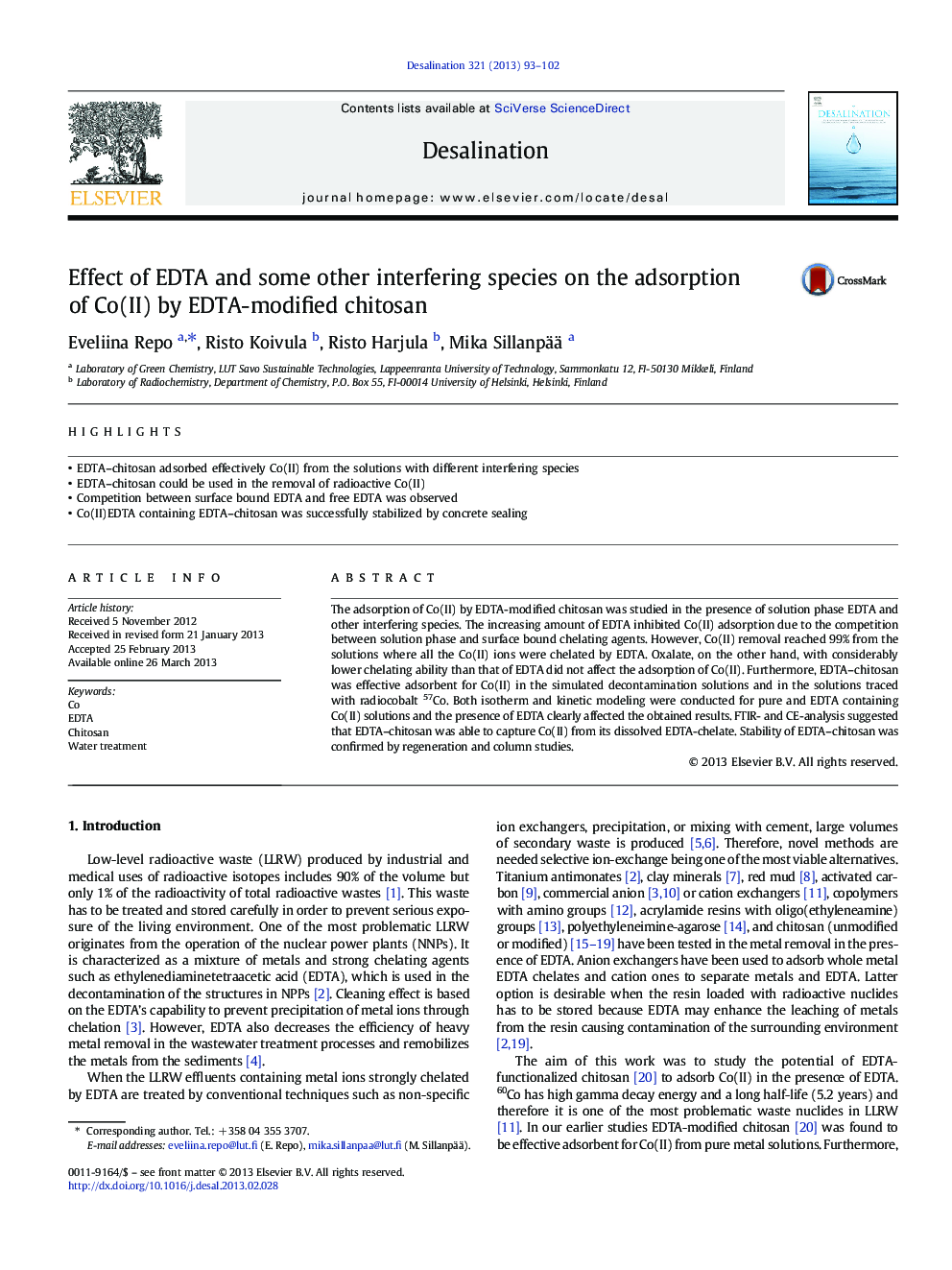 Effect of EDTA and some other interfering species on the adsorption of Co(II) by EDTA-modified chitosan