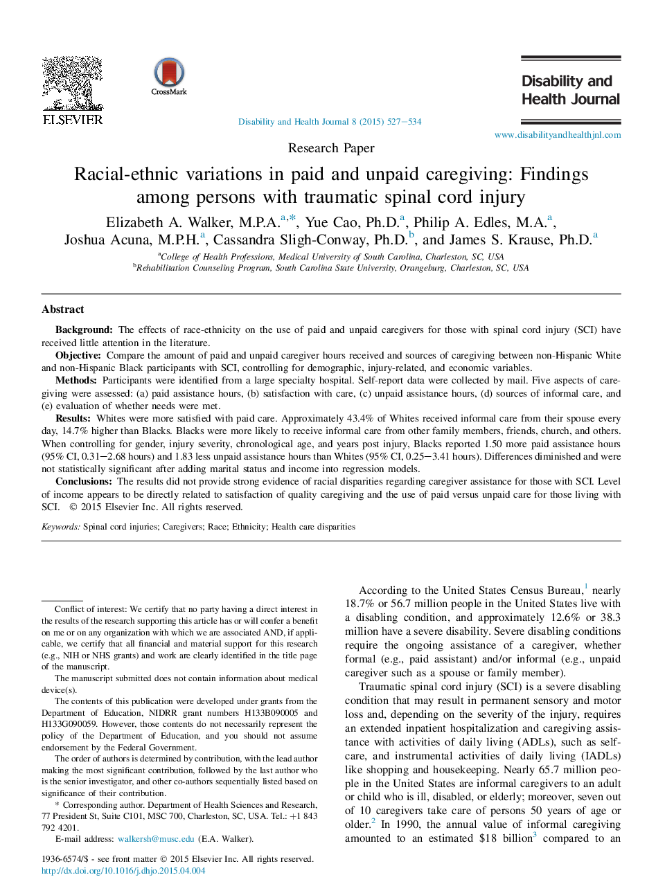 Racial-ethnic variations in paid and unpaid caregiving: Findings among persons with traumatic spinal cord injury