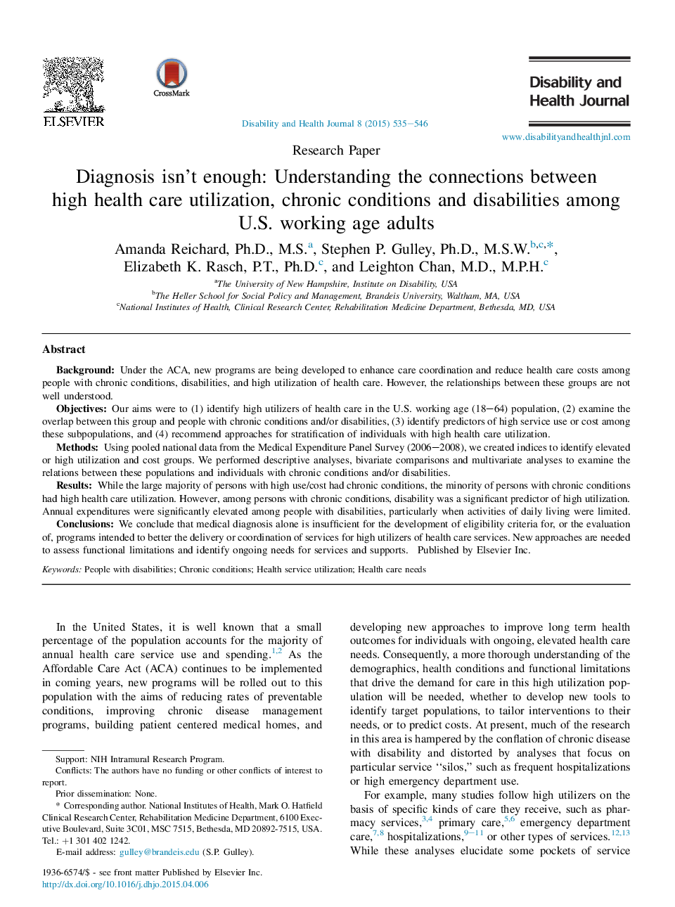 Diagnosis isn't enough: Understanding the connections between high health care utilization, chronic conditions and disabilities among U.S. working age adults