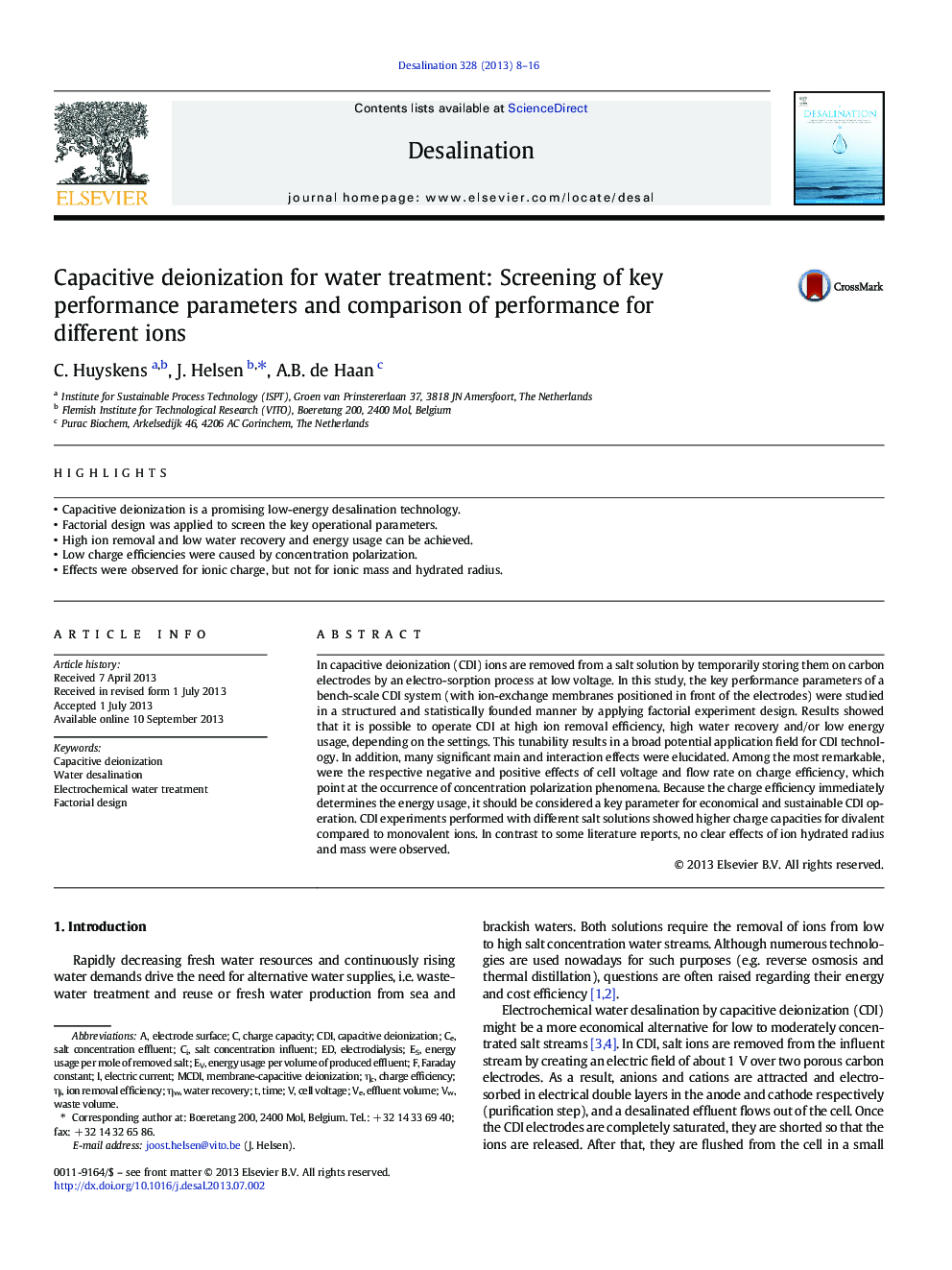 Capacitive deionization for water treatment: Screening of key performance parameters and comparison of performance for different ions