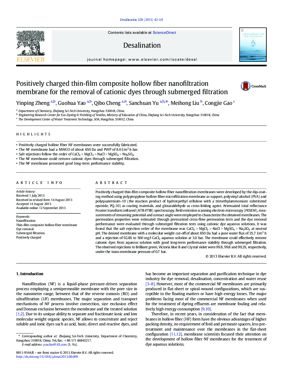 Positively charged thin-film composite hollow fiber nanofiltration membrane for the removal of cationic dyes through submerged filtration