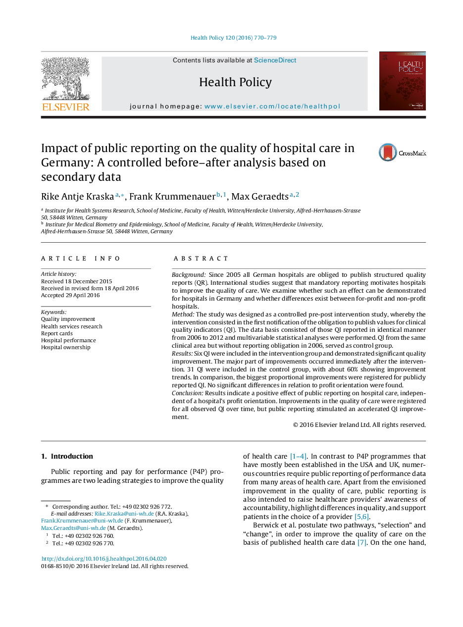 Impact of public reporting on the quality of hospital care in Germany: A controlled before-after analysis based on secondary data