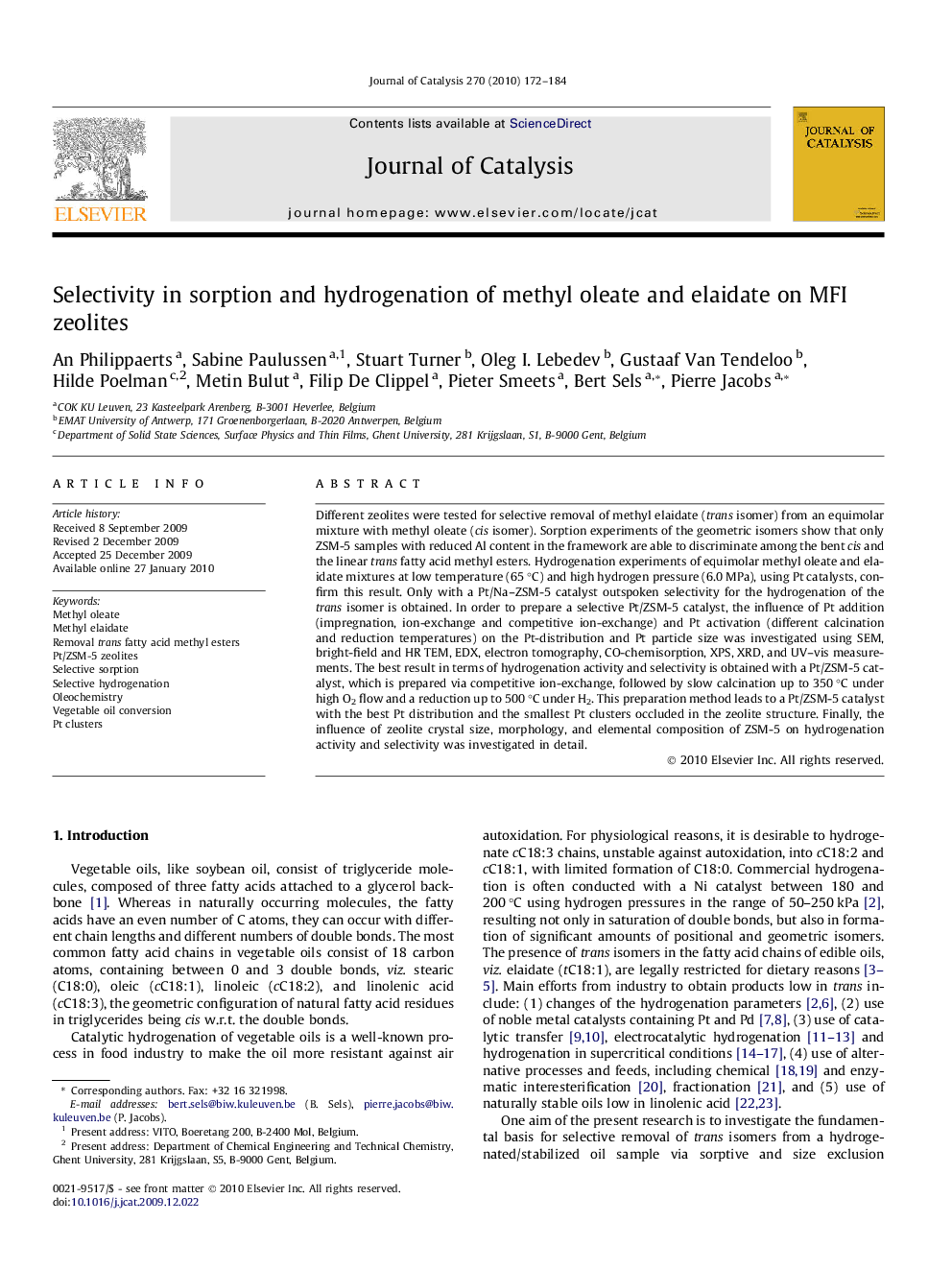 Selectivity in sorption and hydrogenation of methyl oleate and elaidate on MFI zeolites