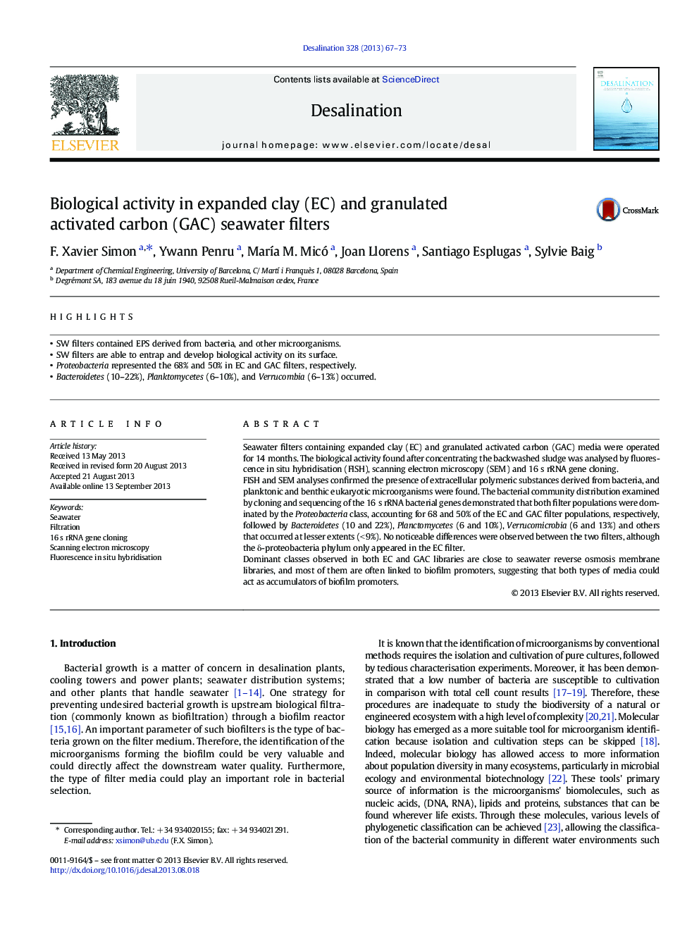 Biological activity in expanded clay (EC) and granulated activated carbon (GAC) seawater filters