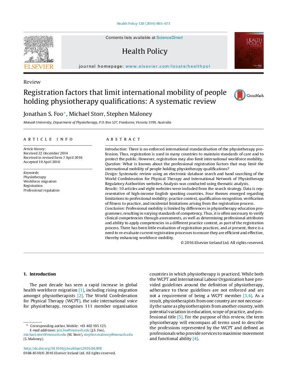 Registration factors that limit international mobility of people holding physiotherapy qualifications: A systematic review