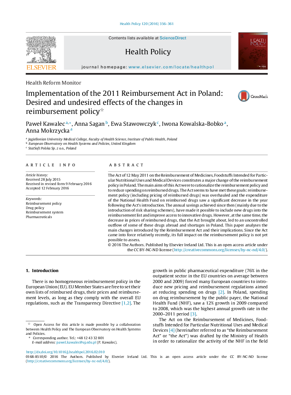 Implementation of the 2011 Reimbursement Act in Poland: Desired and undesired effects of the changes in reimbursement policy