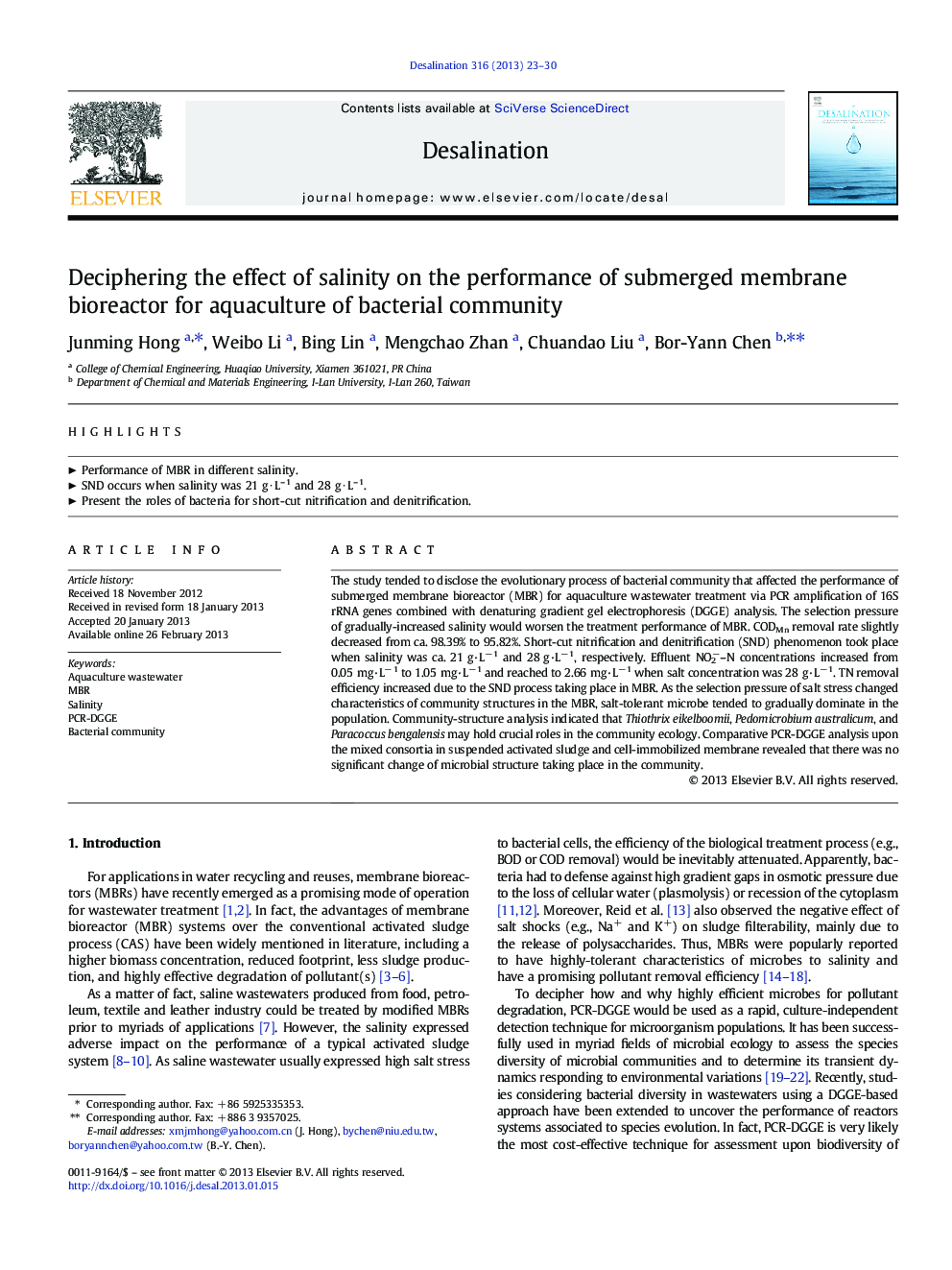 Deciphering the effect of salinity on the performance of submerged membrane bioreactor for aquaculture of bacterial community