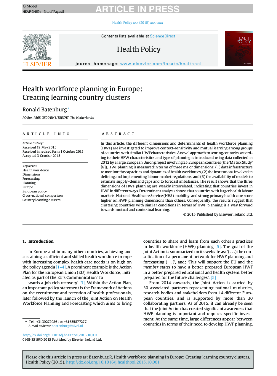 Health workforce planning in Europe: Creating learning country clusters
