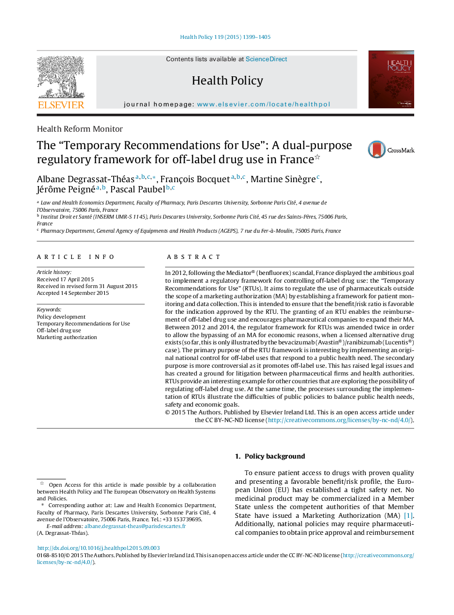 The “Temporary Recommendations for Use”: A dual-purpose regulatory framework for off-label drug use in France