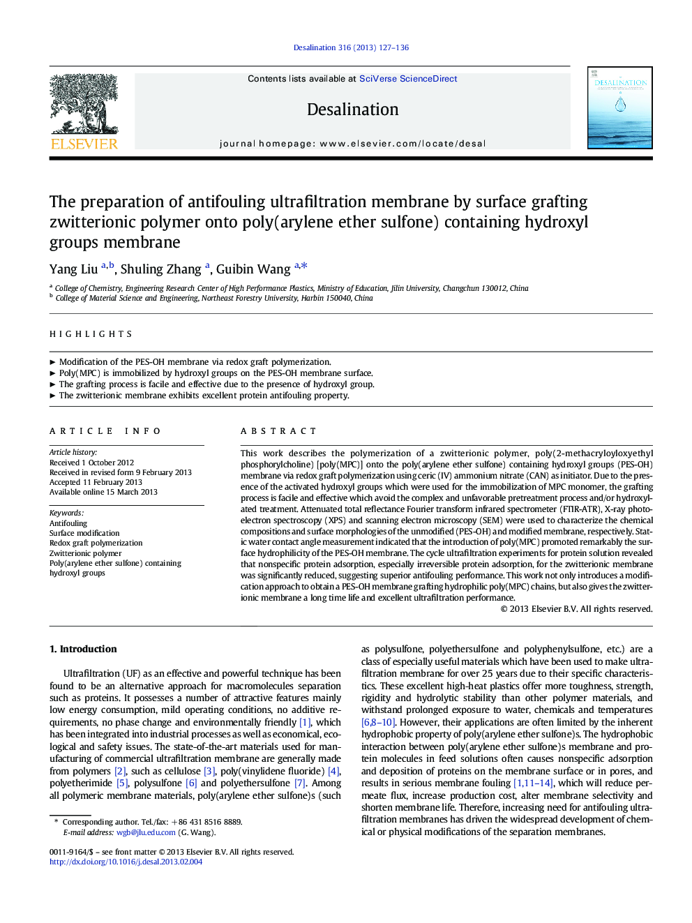 The preparation of antifouling ultrafiltration membrane by surface grafting zwitterionic polymer onto poly(arylene ether sulfone) containing hydroxyl groups membrane