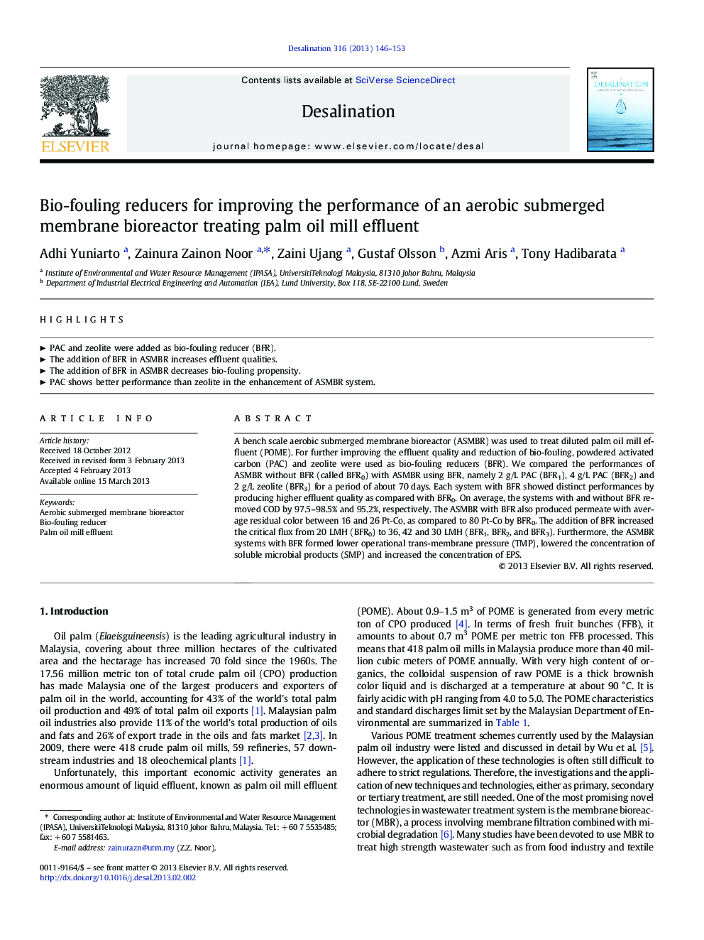 Bio-fouling reducers for improving the performance of an aerobic submerged membrane bioreactor treating palm oil mill effluent