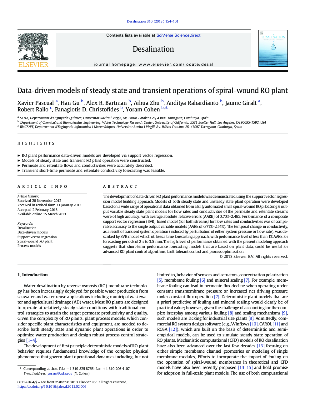 Data-driven models of steady state and transient operations of spiral-wound RO plant