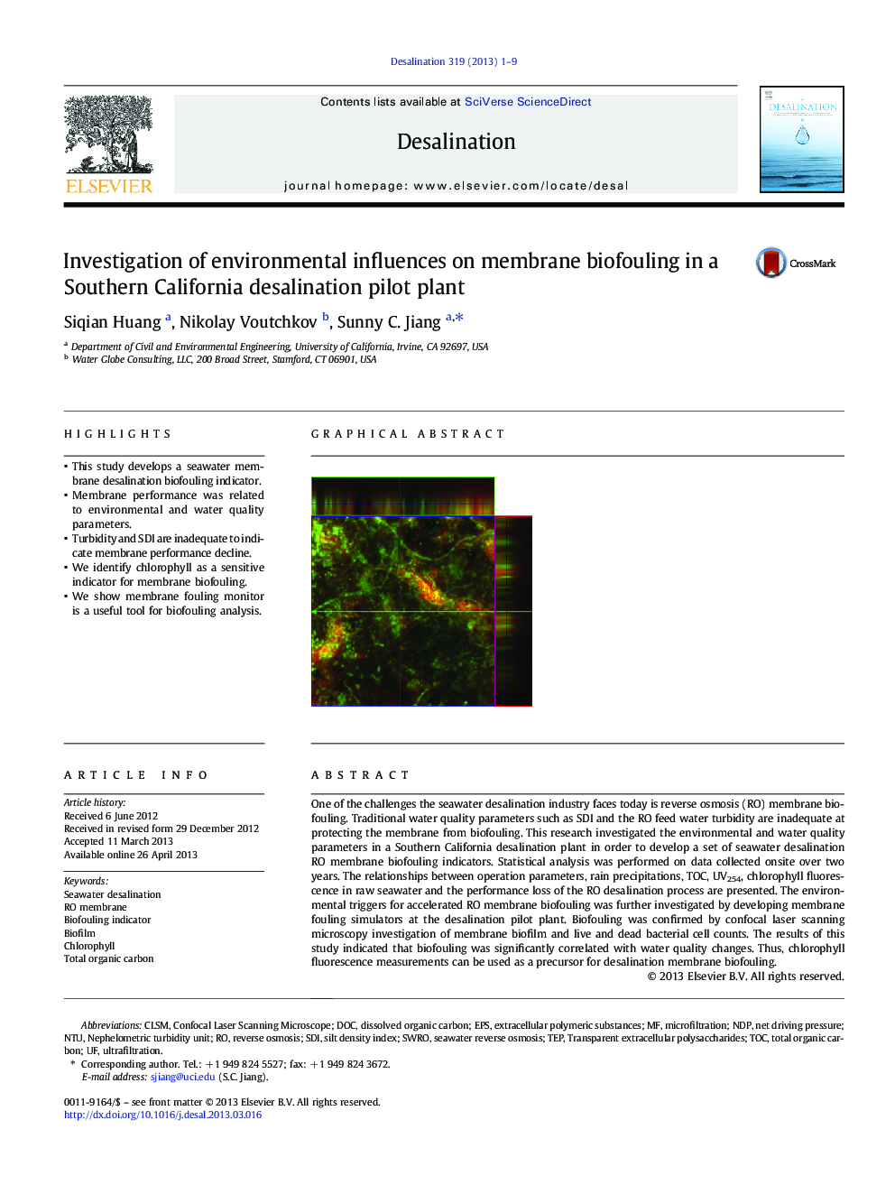 Investigation of environmental influences on membrane biofouling in a Southern California desalination pilot plant