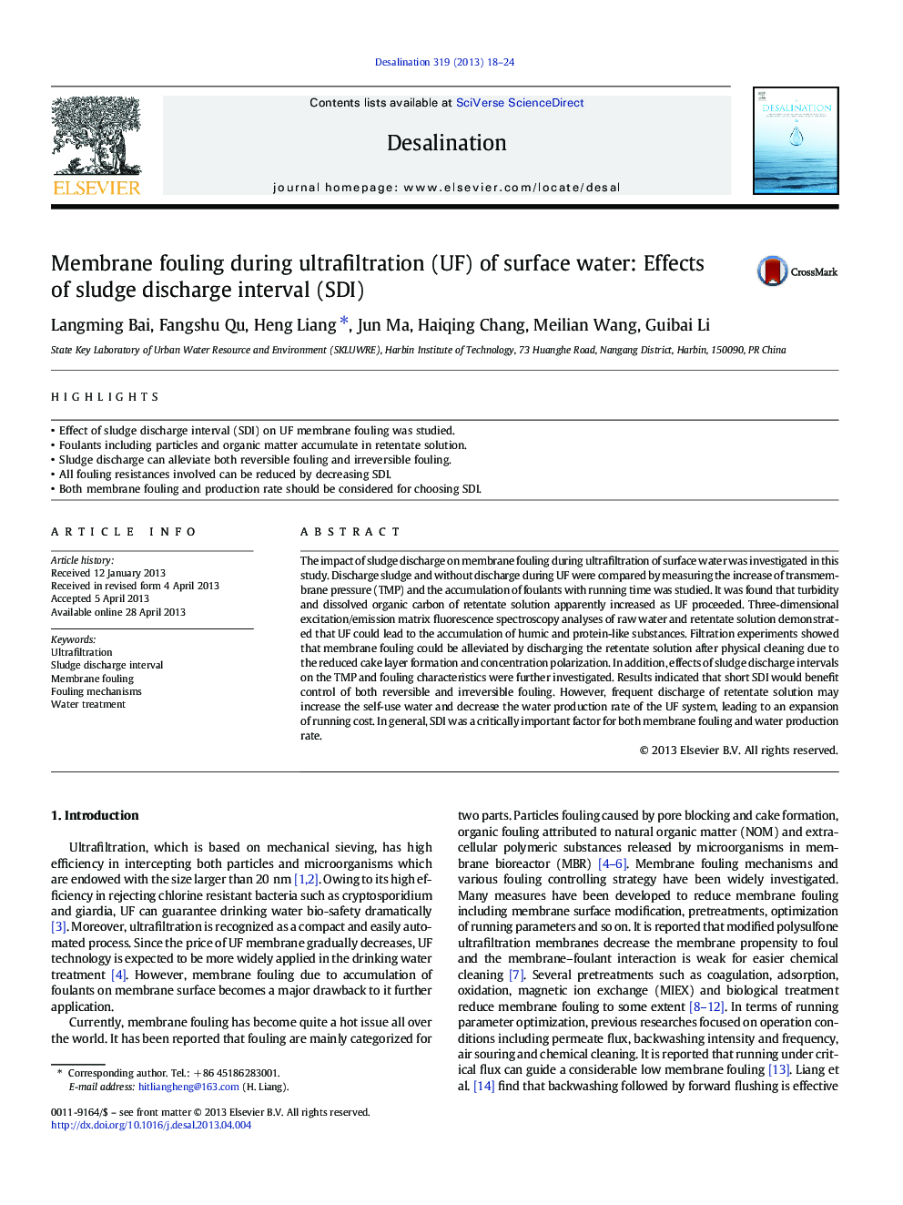 Membrane fouling during ultrafiltration (UF) of surface water: Effects of sludge discharge interval (SDI)