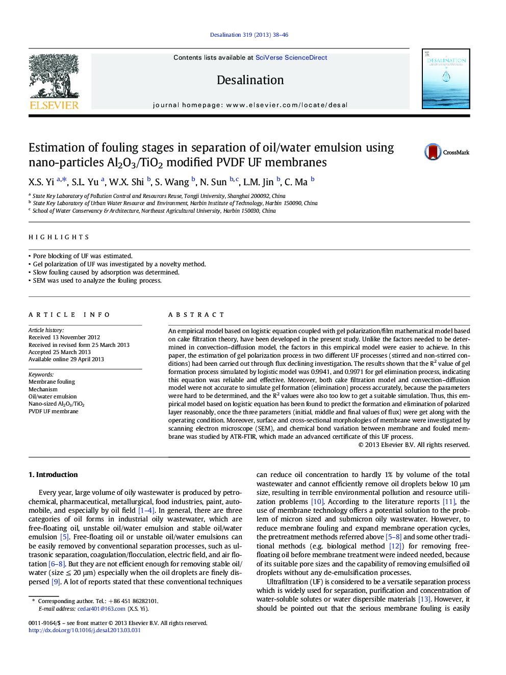 Estimation of fouling stages in separation of oil/water emulsion using nano-particles Al2O3/TiO2 modified PVDF UF membranes