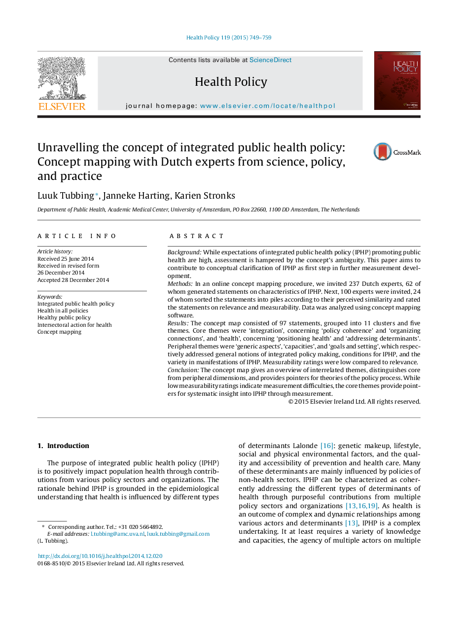 Unravelling the concept of integrated public health policy: Concept mapping with Dutch experts from science, policy, and practice
