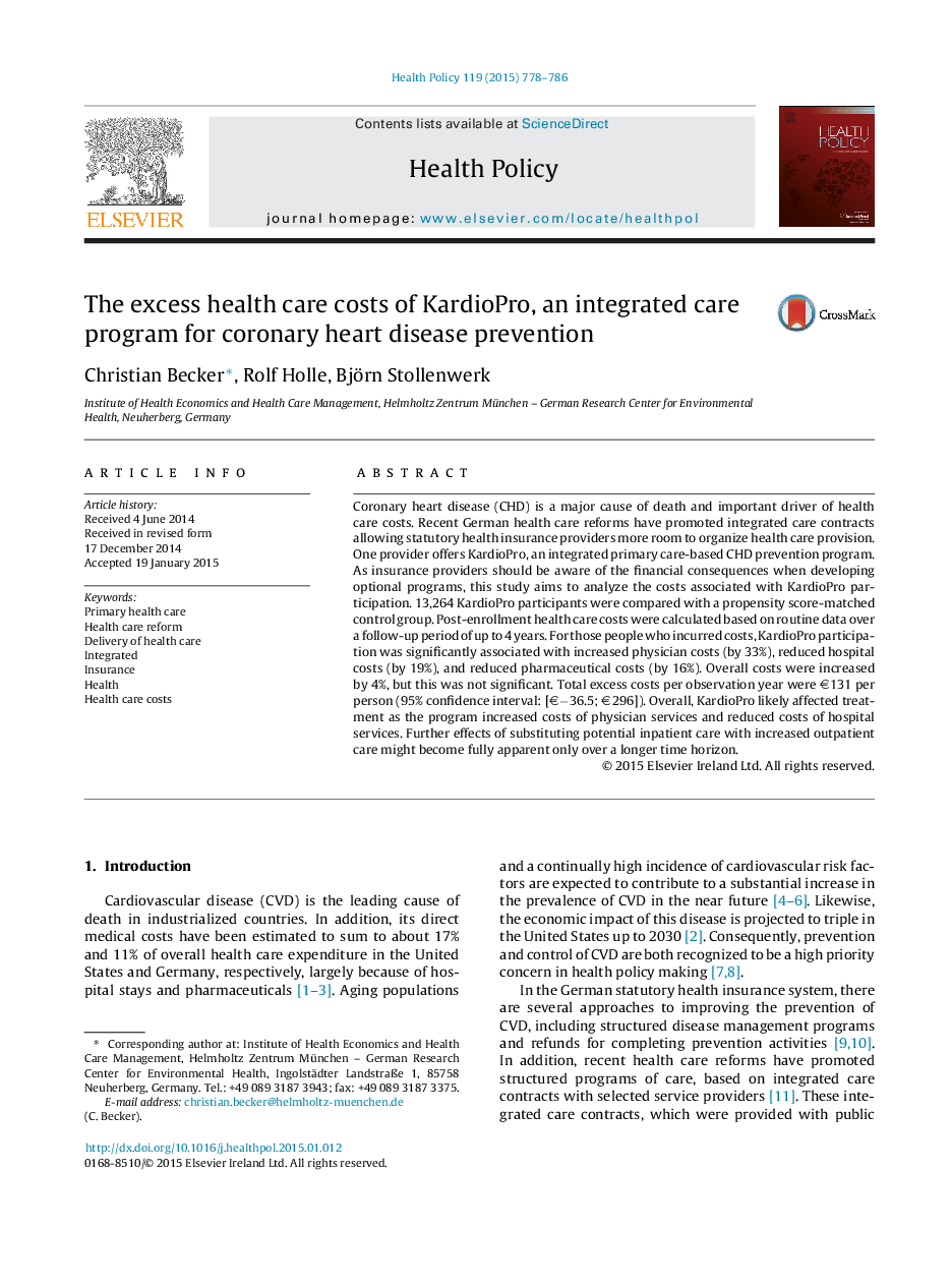 The excess health care costs of KardioPro, an integrated care program for coronary heart disease prevention