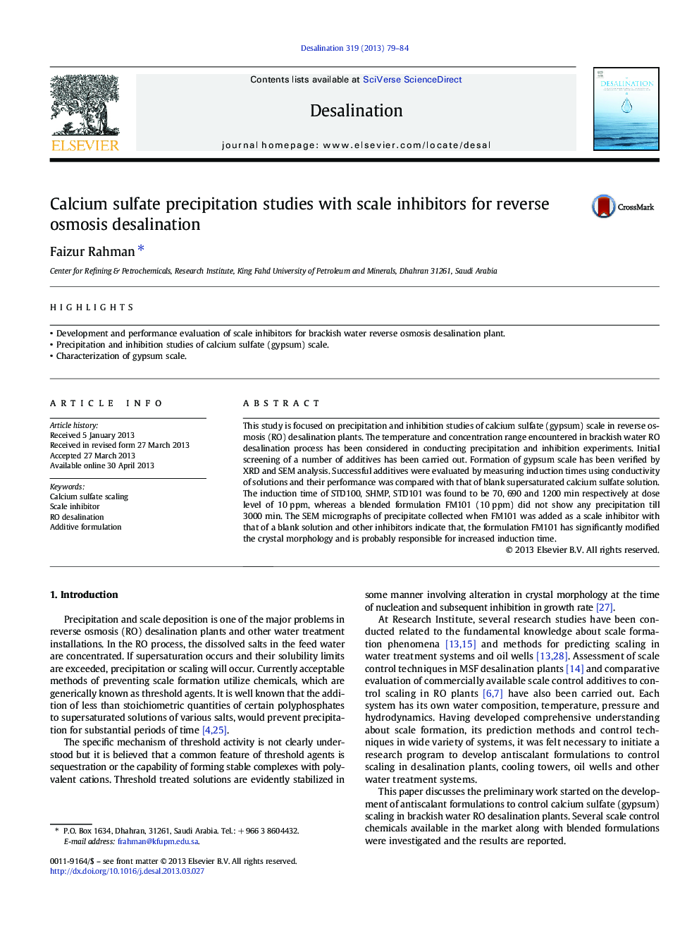 Calcium sulfate precipitation studies with scale inhibitors for reverse osmosis desalination