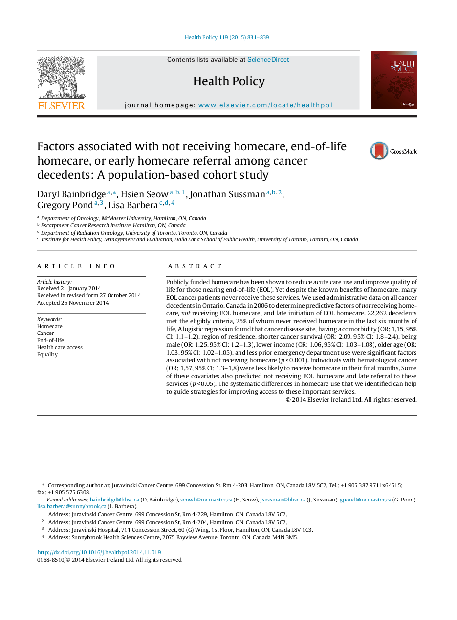 Factors associated with not receiving homecare, end-of-life homecare, or early homecare referral among cancer decedents: A population-based cohort study