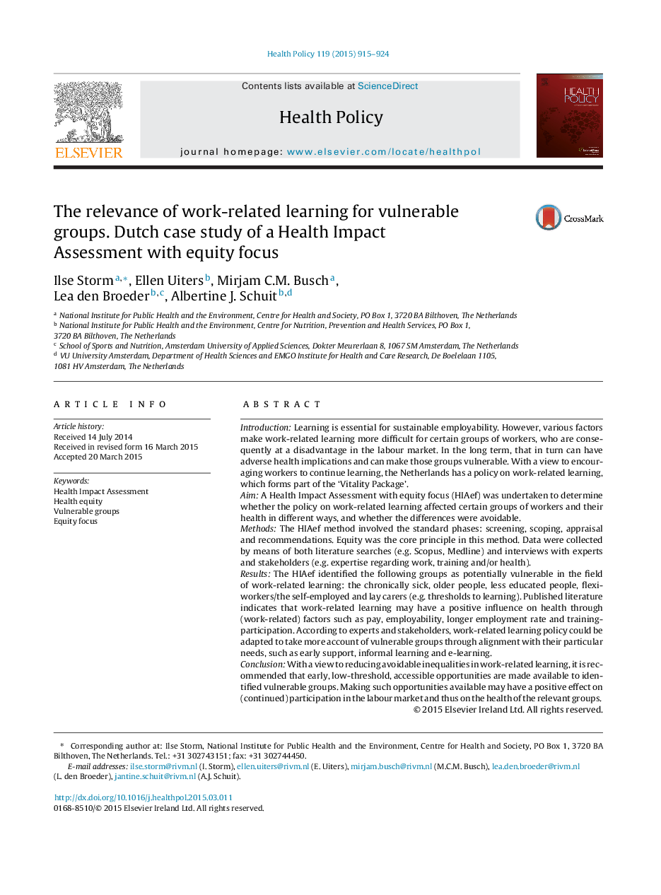 The relevance of work-related learning for vulnerable groups. Dutch case study of a Health Impact Assessment with equity focus