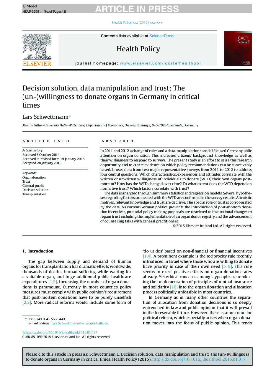 Decision solution, data manipulation and trust: The (un-)willingness to donate organs in Germany in critical times