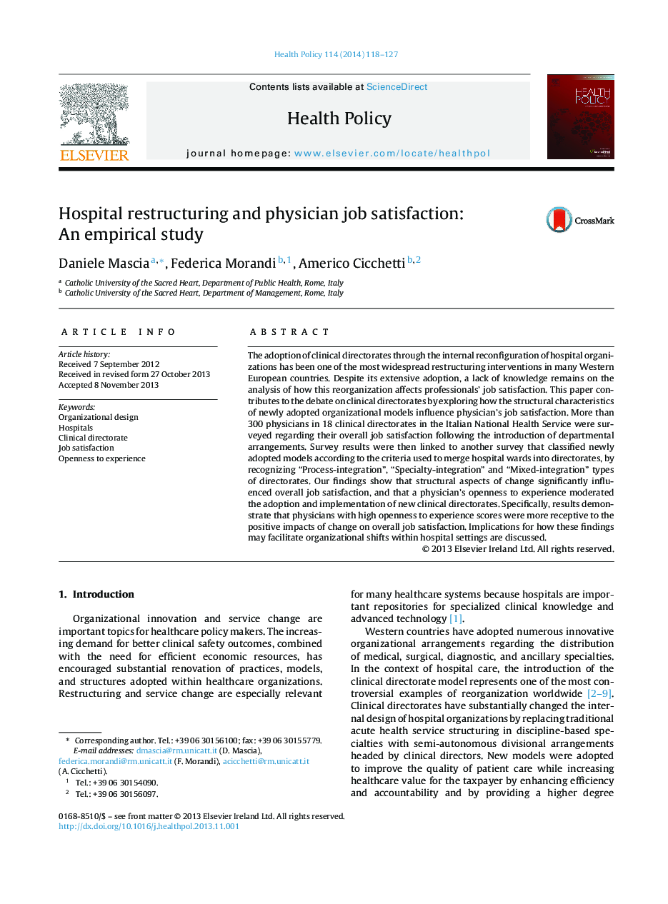 Hospital restructuring and physician job satisfaction: An empirical study