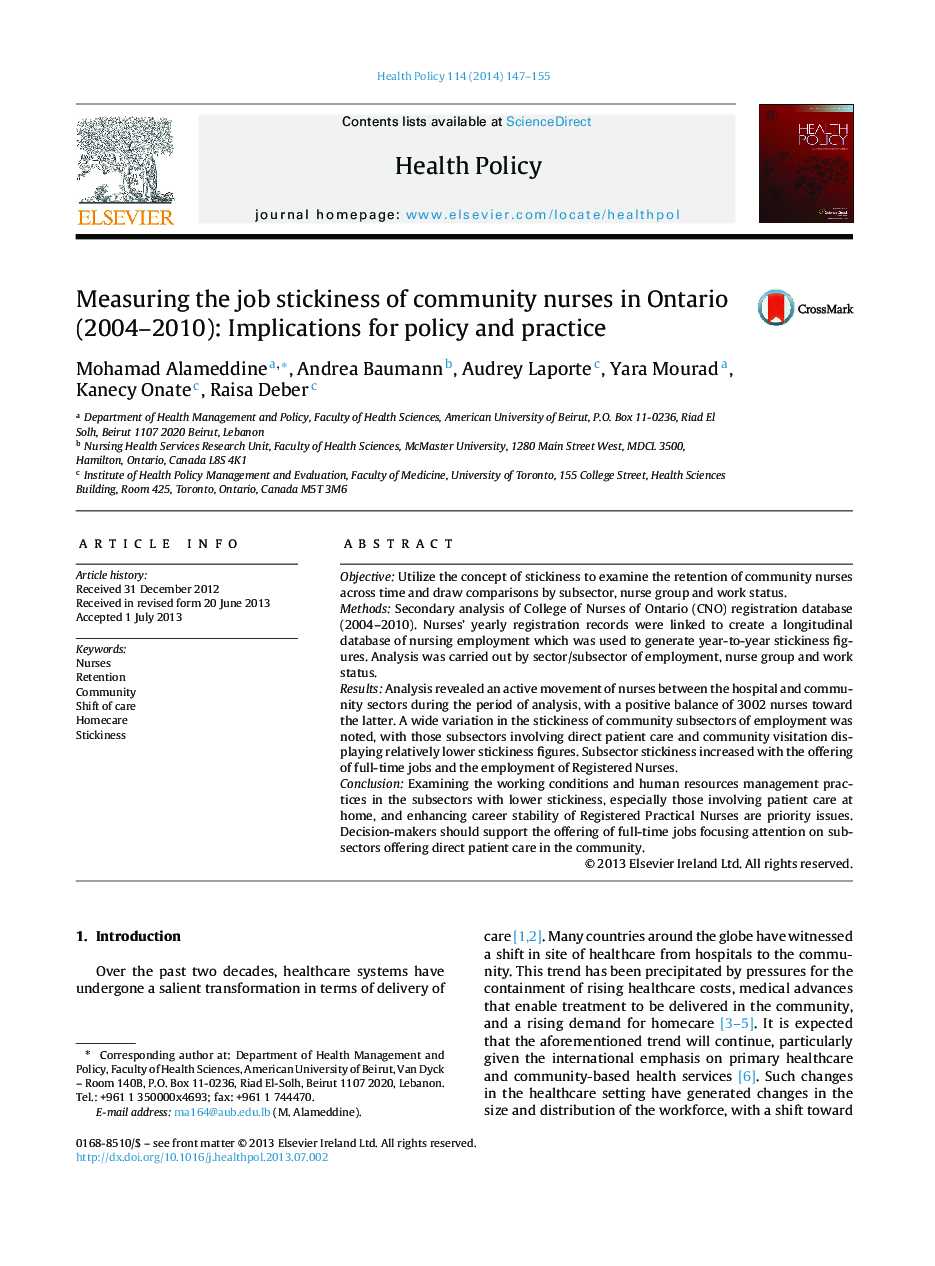 Measuring the job stickiness of community nurses in Ontario (2004-2010): Implications for policy and practice