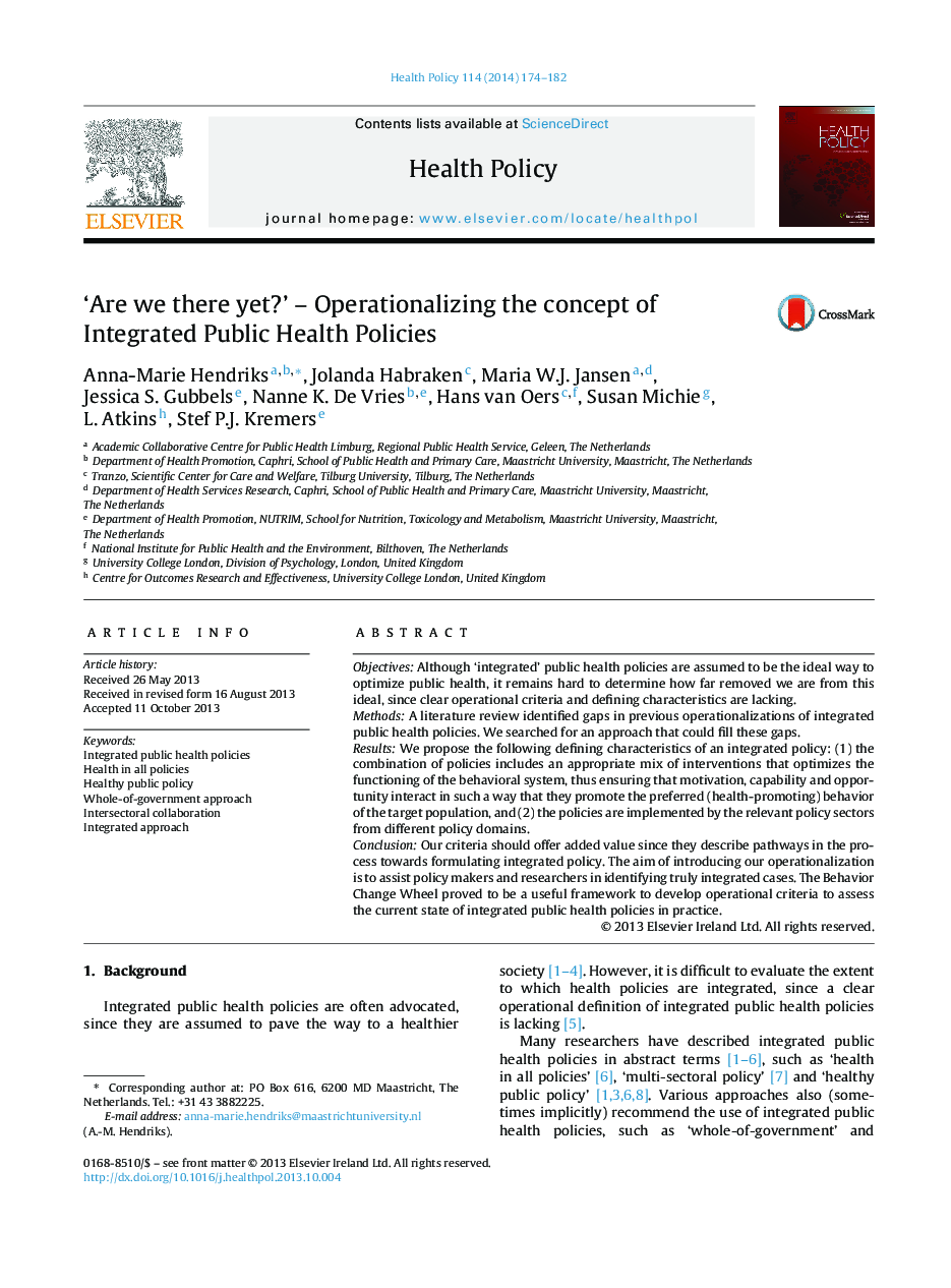 'Are we there yet?' - Operationalizing the concept of Integrated Public Health Policies