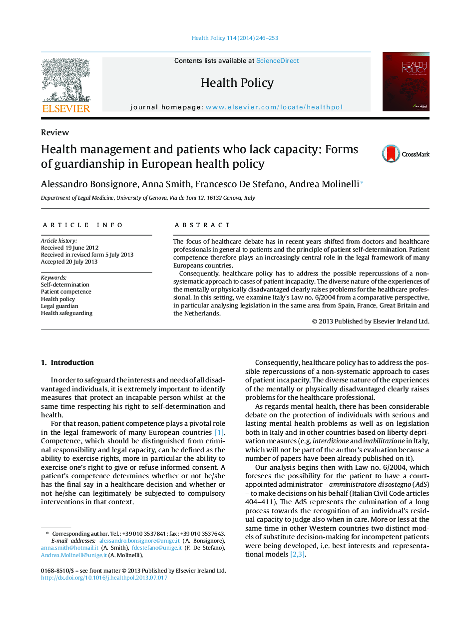 Health management and patients who lack capacity: Forms of guardianship in European health policy