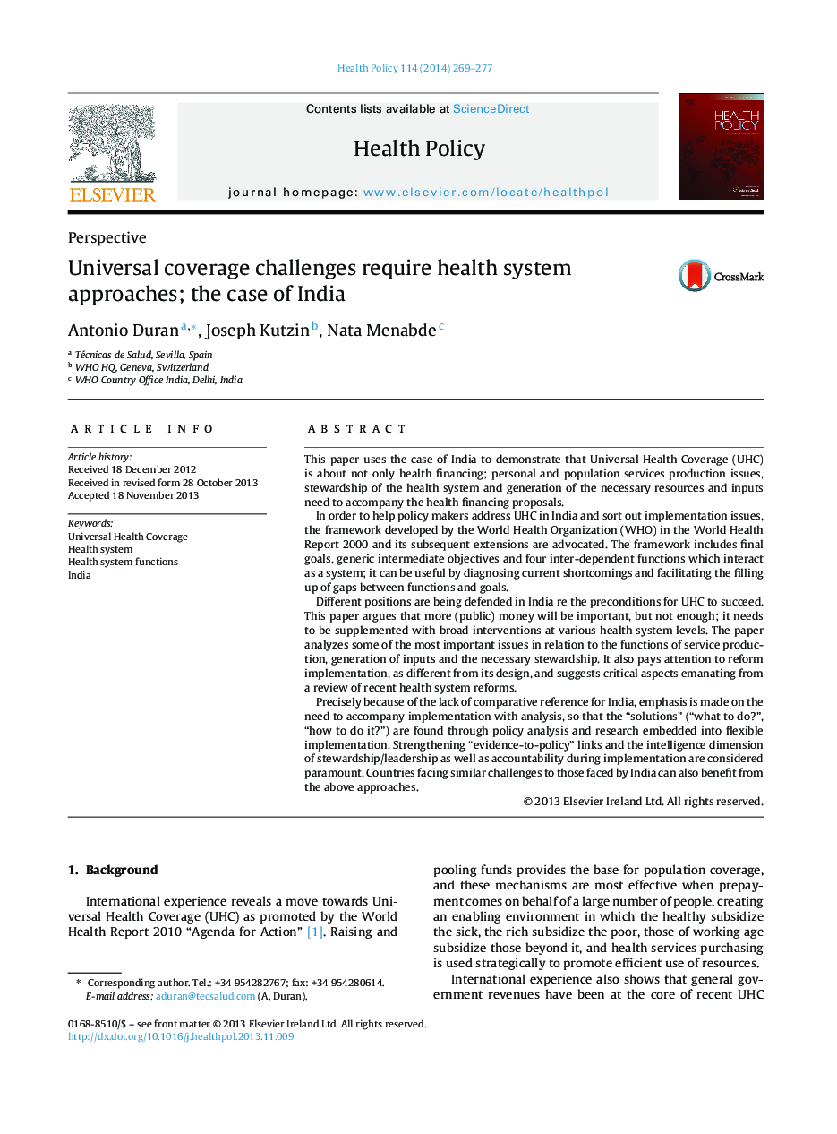 Universal coverage challenges require health system approaches; the case of India