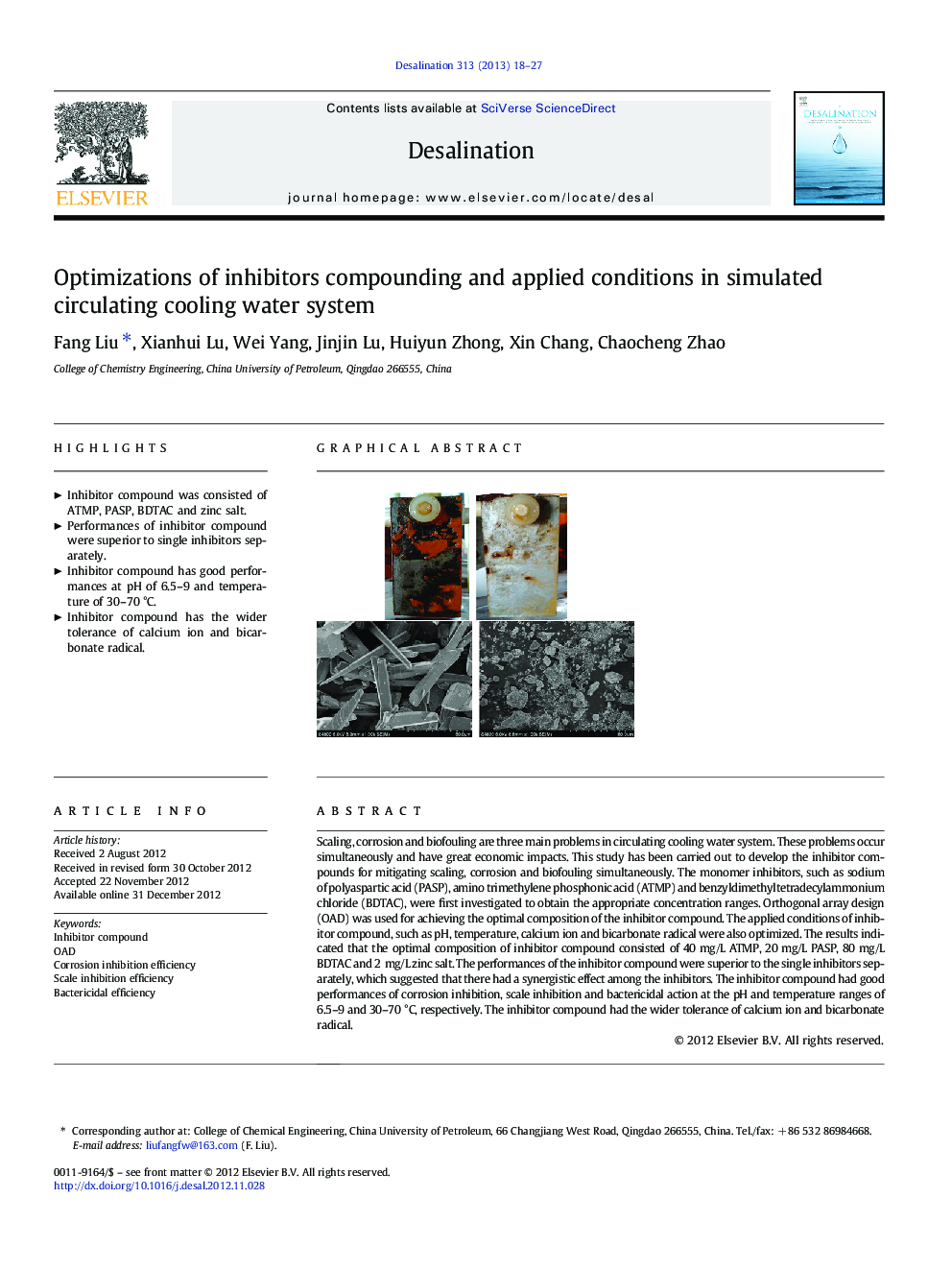 Optimizations of inhibitors compounding and applied conditions in simulated circulating cooling water system