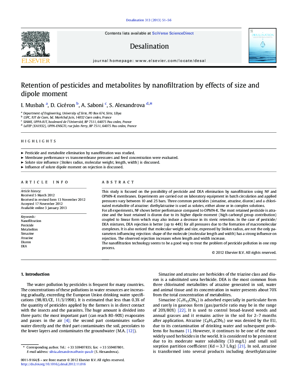 Retention of pesticides and metabolites by nanofiltration by effects of size and dipole moment