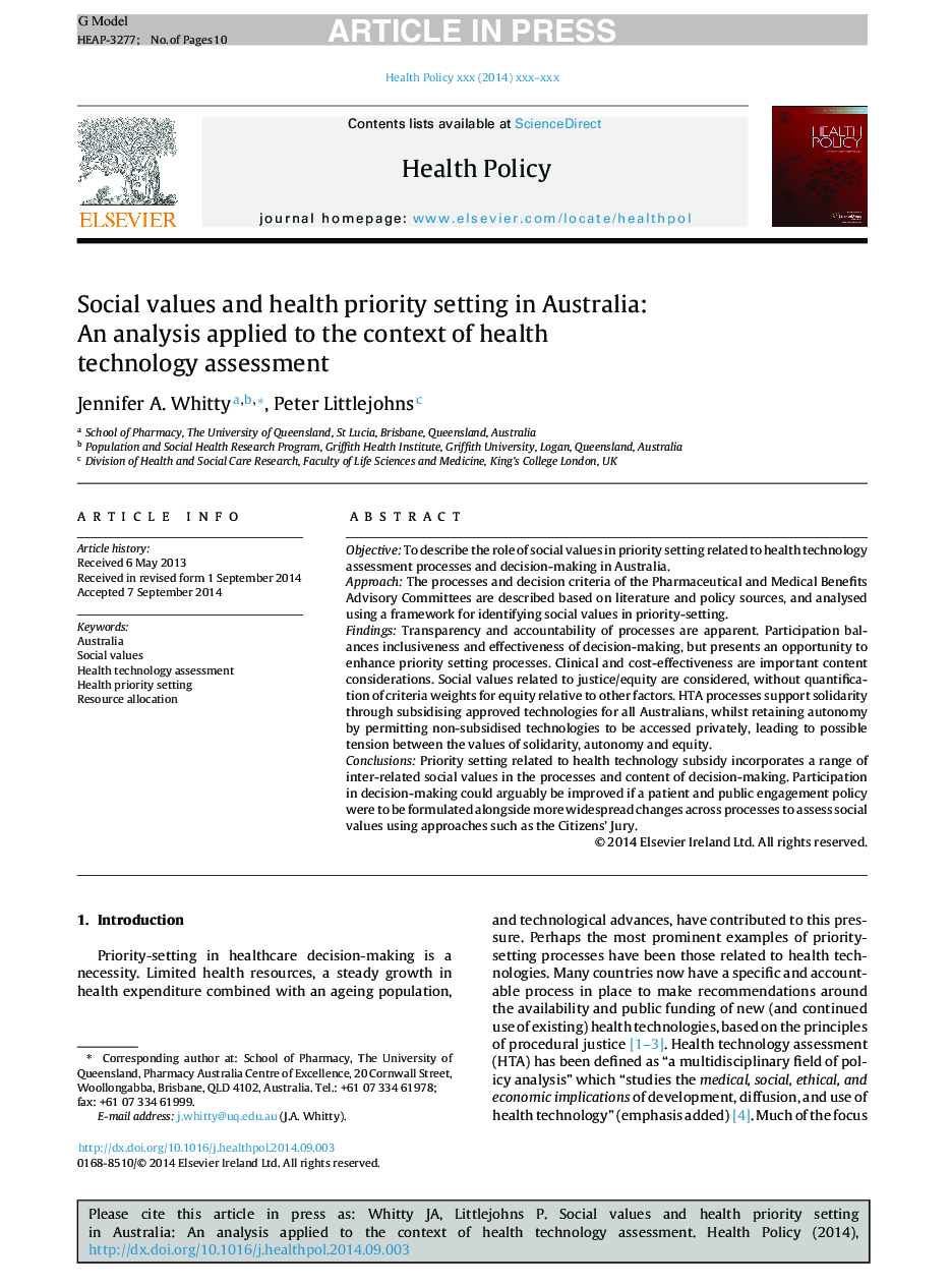 Social values and health priority setting in Australia: An analysis applied to the context of health technology assessment