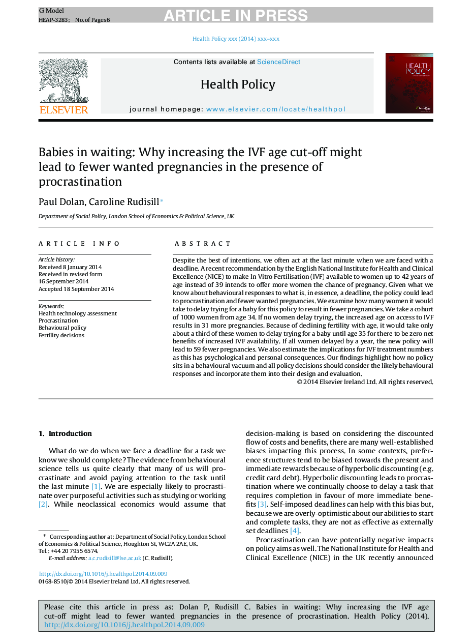 Babies in waiting: Why increasing the IVF age cut-off might lead to fewer wanted pregnancies in the presence of procrastination