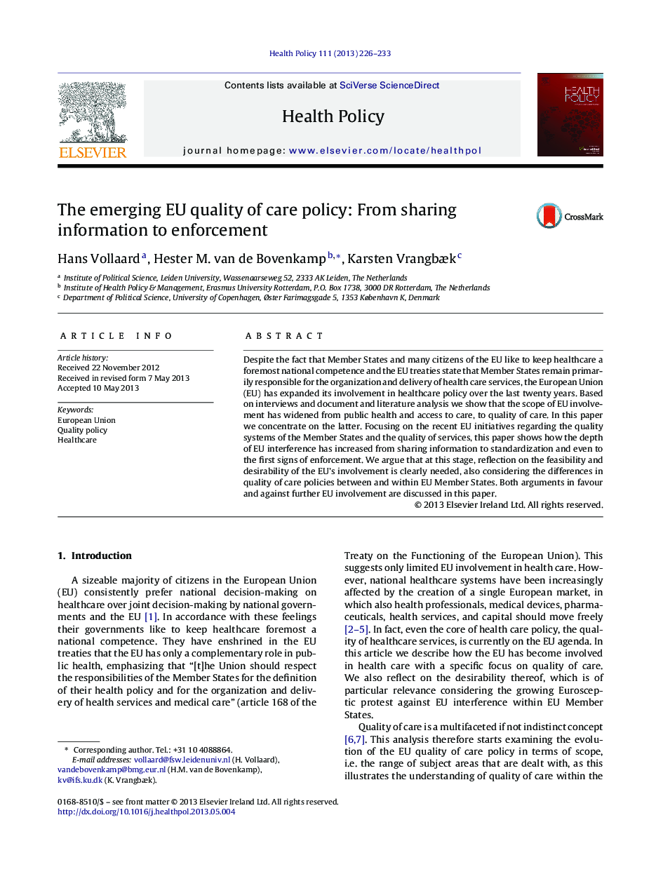 The emerging EU quality of care policy: From sharing information to enforcement