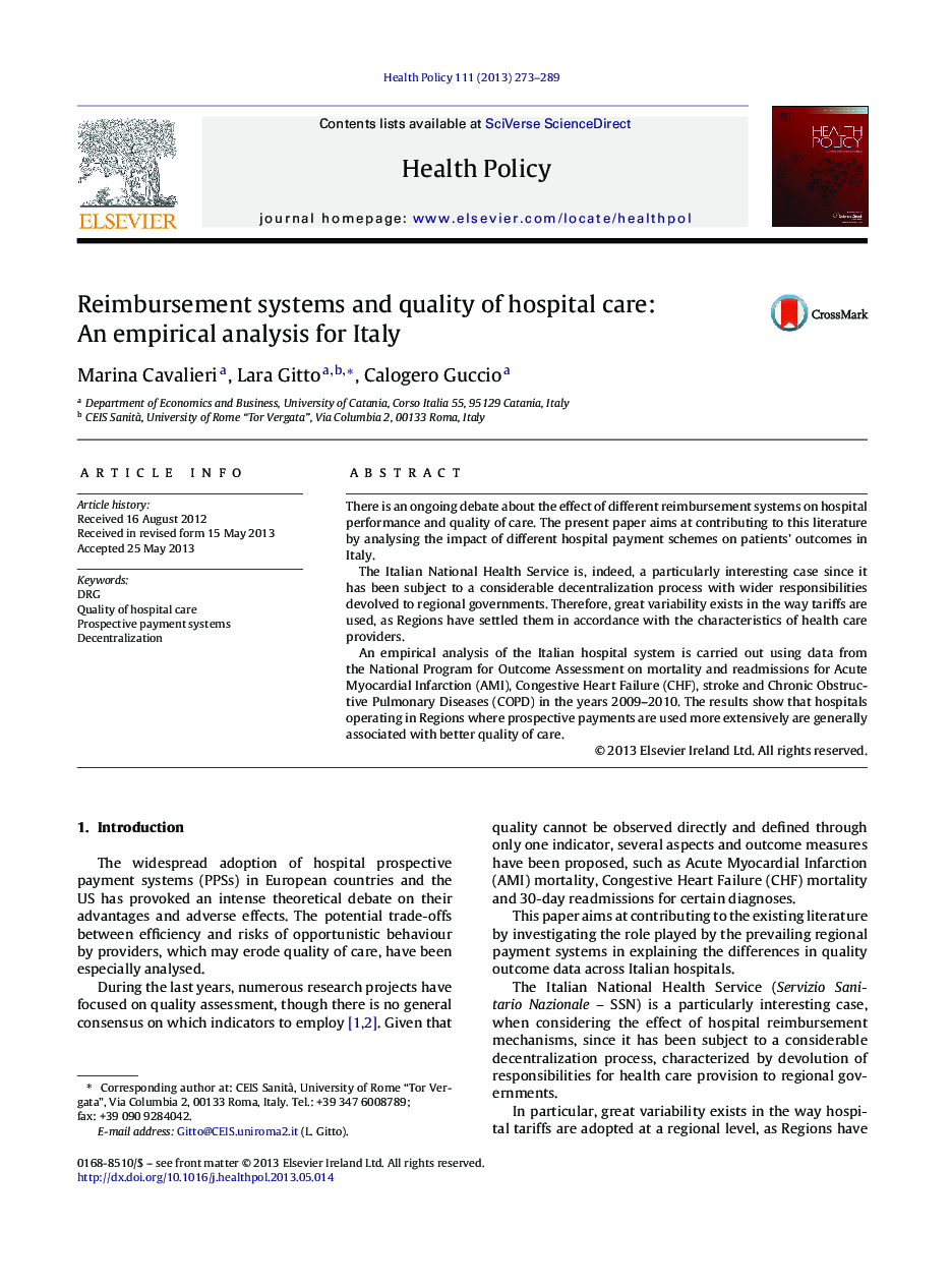 Reimbursement systems and quality of hospital care: An empirical analysis for Italy