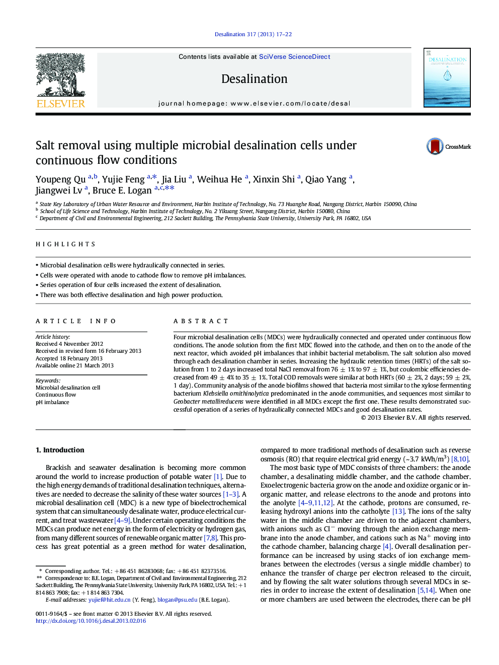 Salt removal using multiple microbial desalination cells under continuous flow conditions