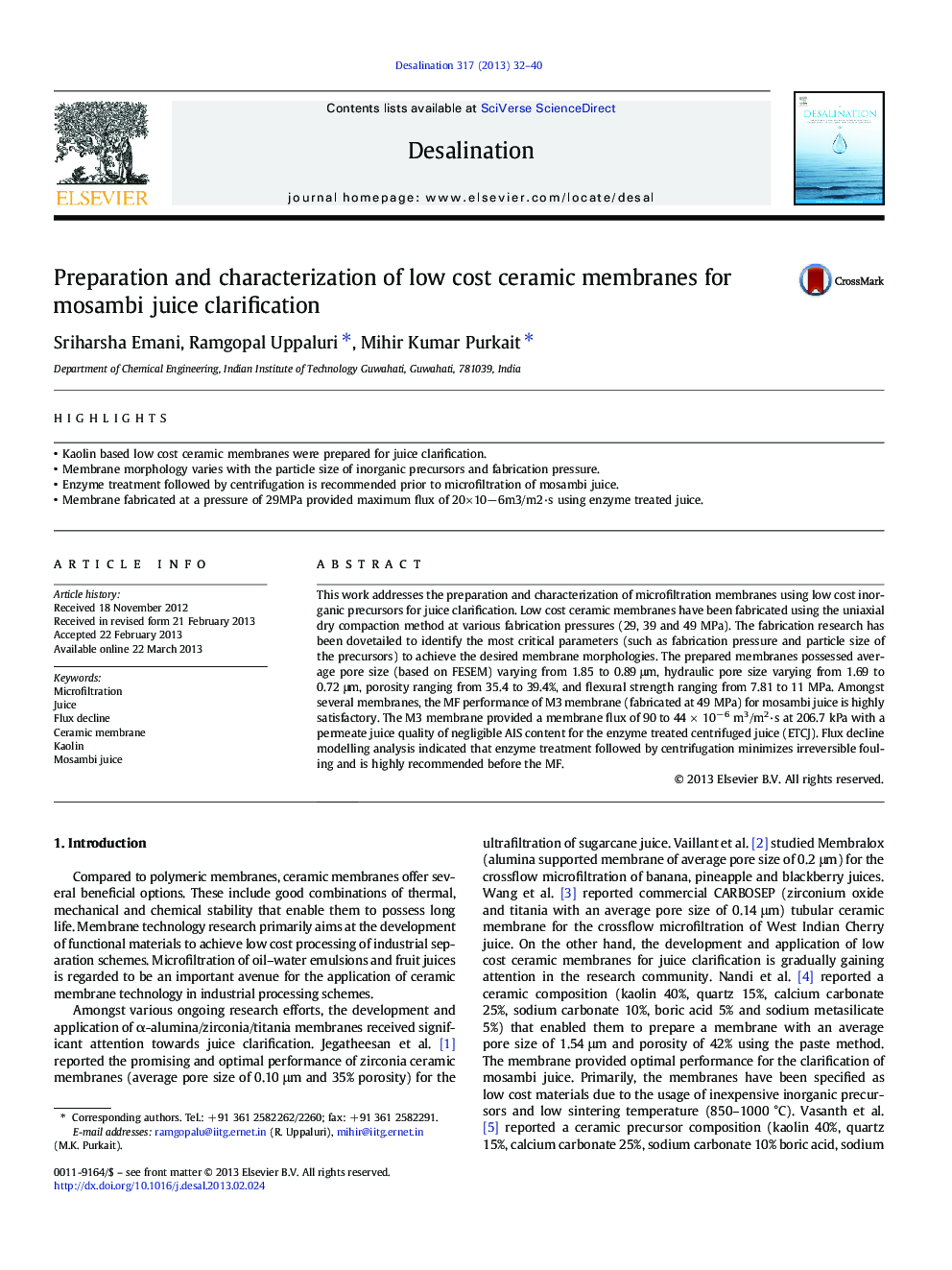 Preparation and characterization of low cost ceramic membranes for mosambi juice clarification