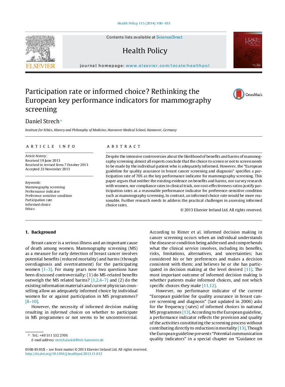 Participation rate or informed choice? Rethinking the European key performance indicators for mammography screening