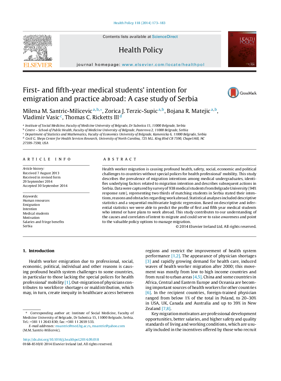 First- and fifth-year medical students' intention for emigration and practice abroad: A case study of Serbia