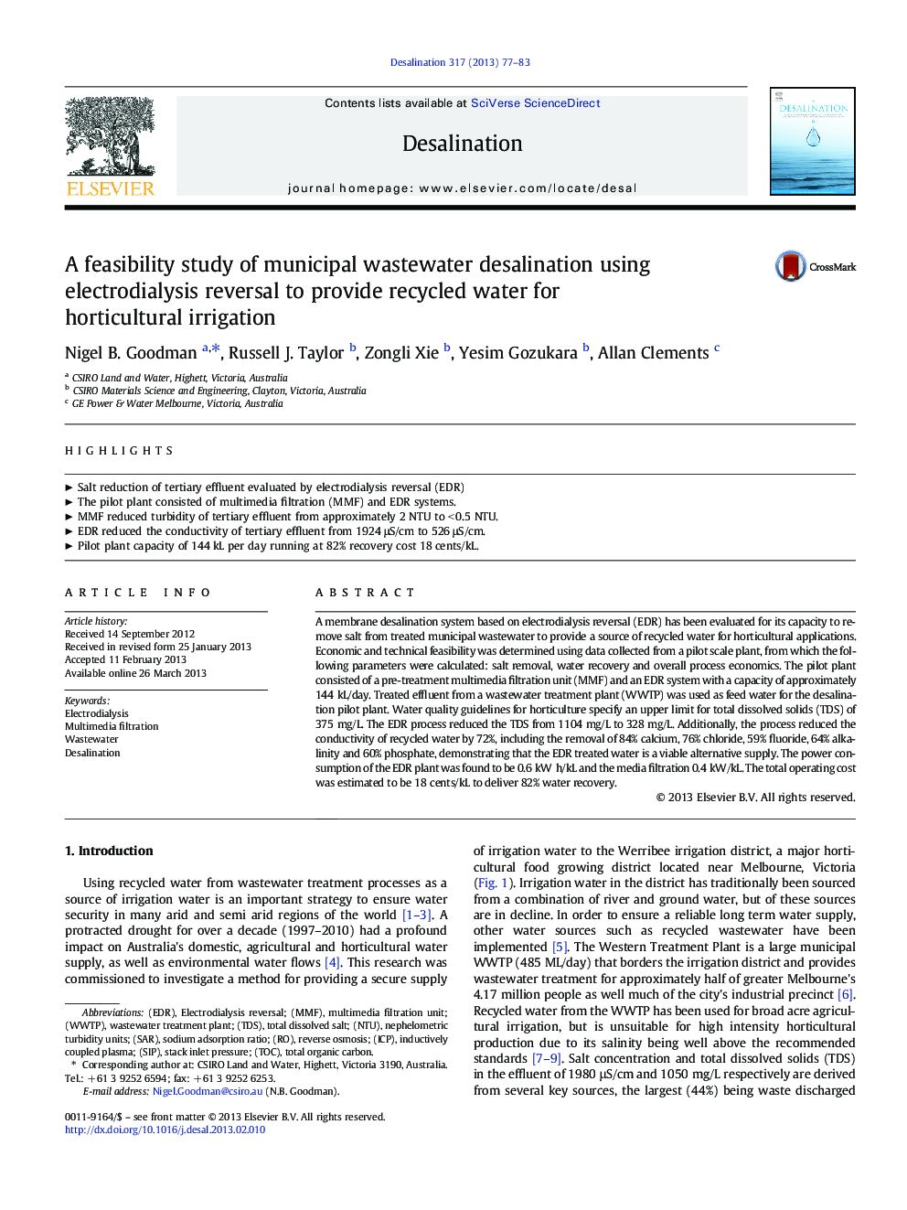 A feasibility study of municipal wastewater desalination using electrodialysis reversal to provide recycled water for horticultural irrigation