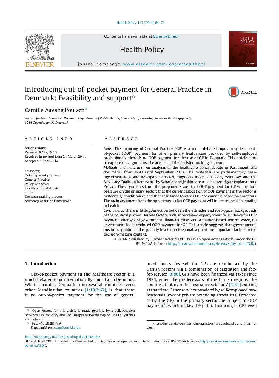 Introducing out-of-pocket payment for General Practice in Denmark: Feasibility and support