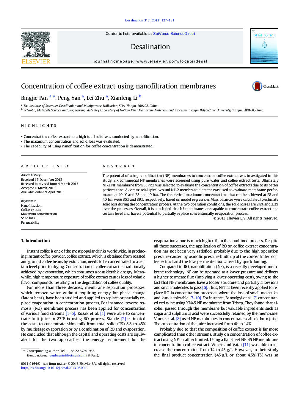 Concentration of coffee extract using nanofiltration membranes