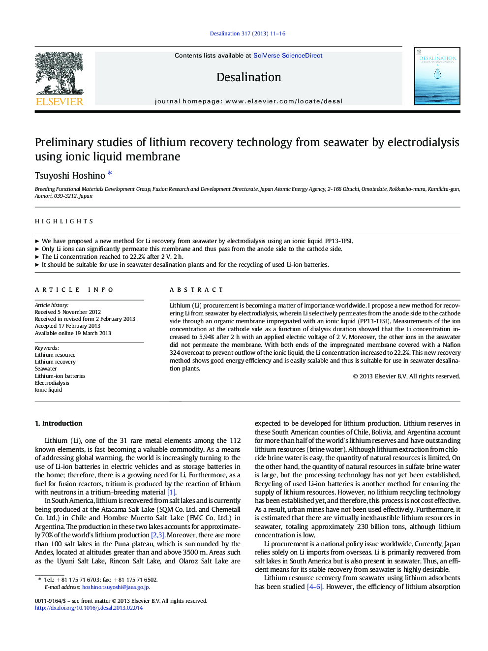 Preliminary studies of lithium recovery technology from seawater by electrodialysis using ionic liquid membrane