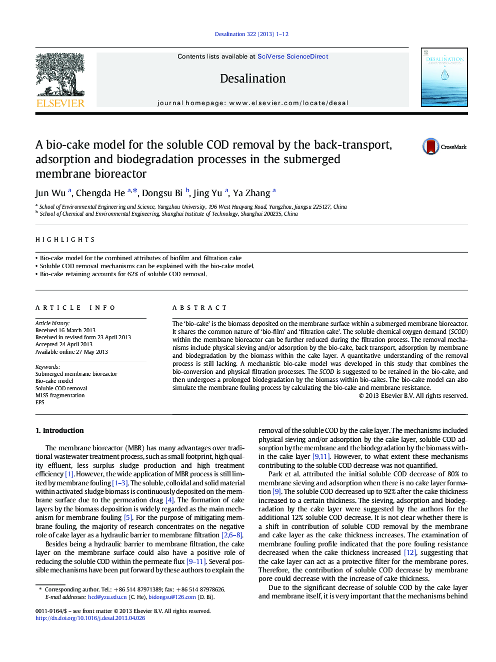 A bio-cake model for the soluble COD removal by the back-transport, adsorption and biodegradation processes in the submerged membrane bioreactor